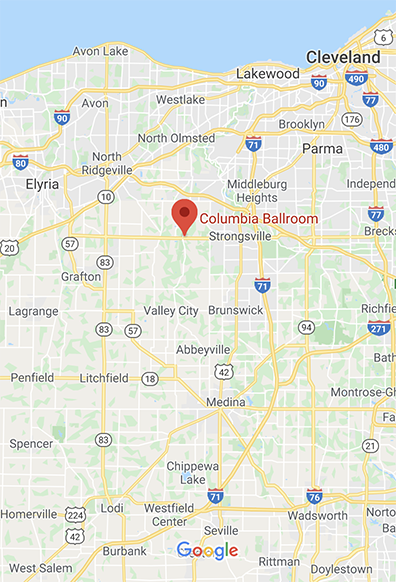 Map showing Columbia Ballroom near Strongsville between Cleveland and Medina, Ohio